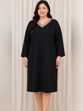 GreenTea NEW Plus-size Black V-Neck Drop Shoulder Fleece Dress w/ Taupe Trim